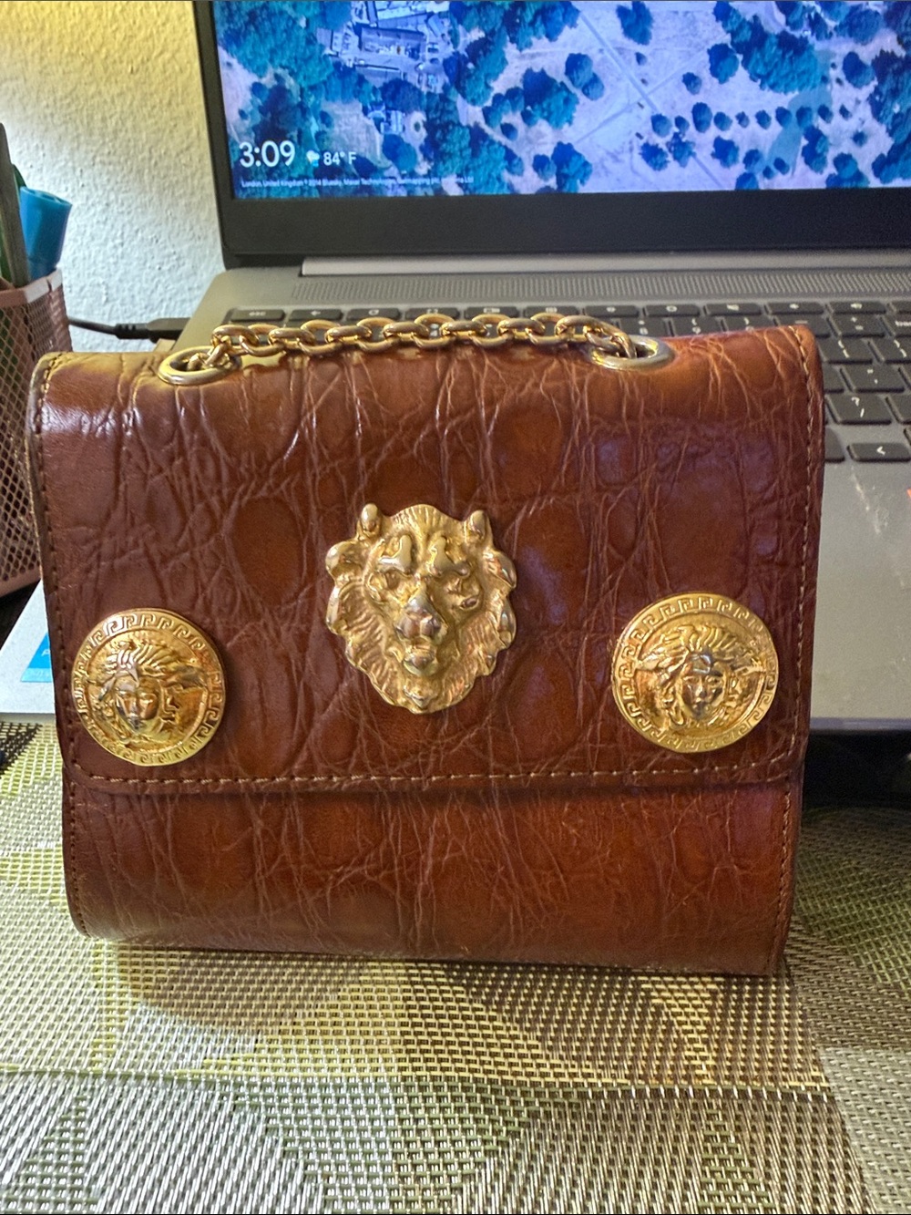 Brown Croc-Embossed Leather Shoulder Bag with Gold Lion Accents